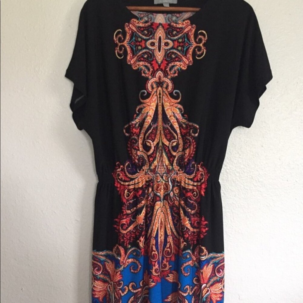 NY Collection Black Mandala Print Short Sleeve Dress Large - Picture 2 of 4
